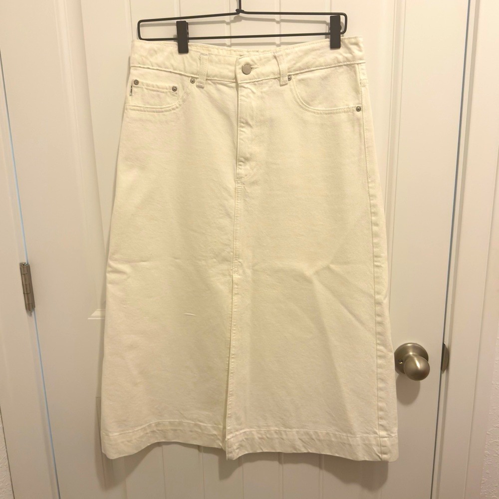 DL1961 Alma White Denim Midi A-Line Skirt High Rise Pockets Slit Size 26